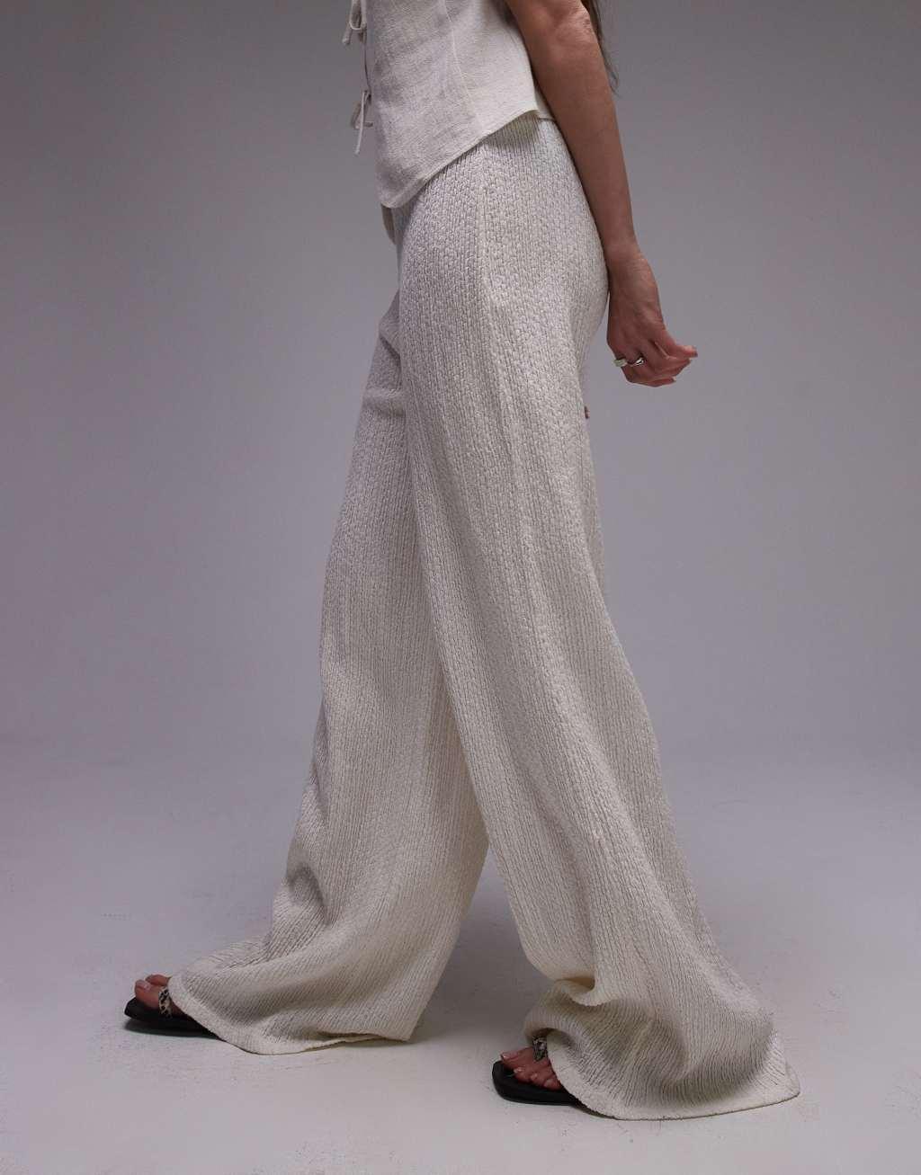 Topshop textured beachy wide leg pants in cream Product Image