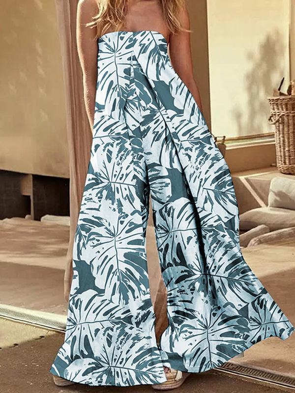 Loose Sleeveless Elasticity Leaves Print Pleated Pockets Tube Jumpsuits Product Image