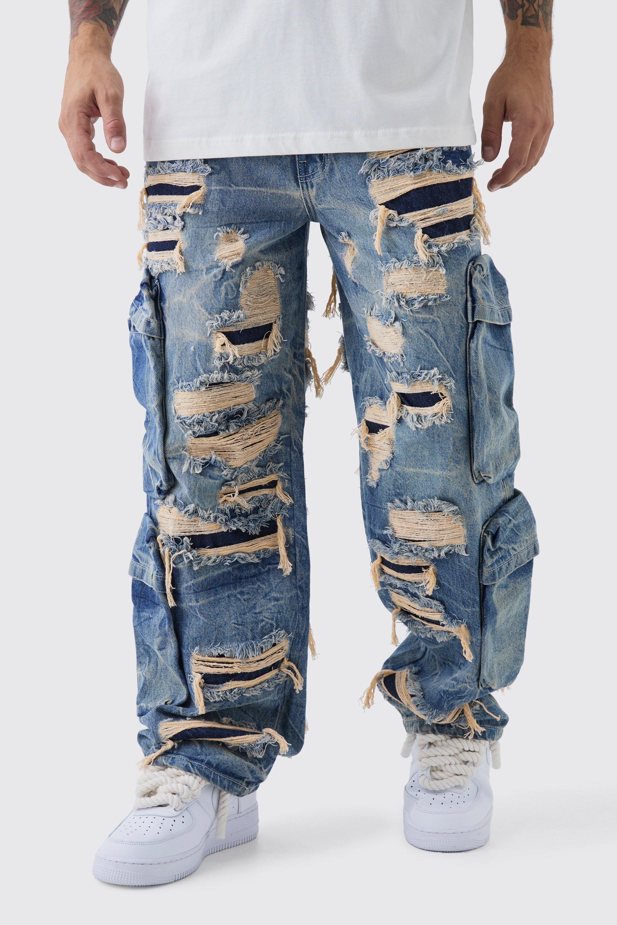 Relaxed Fit Cargo All Over Ripped Jeans | boohooMAN USA Product Image