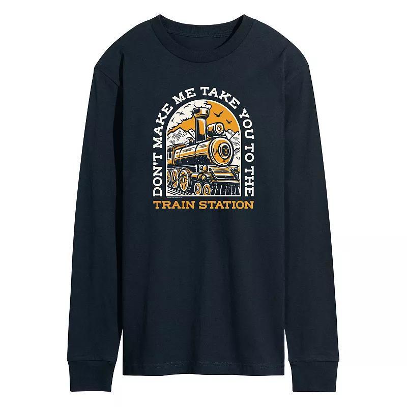 Mens Yellowstone Train Station Long Sleeve Graphic Tee Blue Product Image