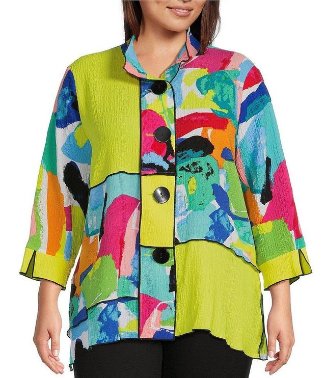 Ali Miles Plus Size Multi Patchwork Print Woven Wire Collar 3/4 Sleeve Button-Front Tunic Product Image