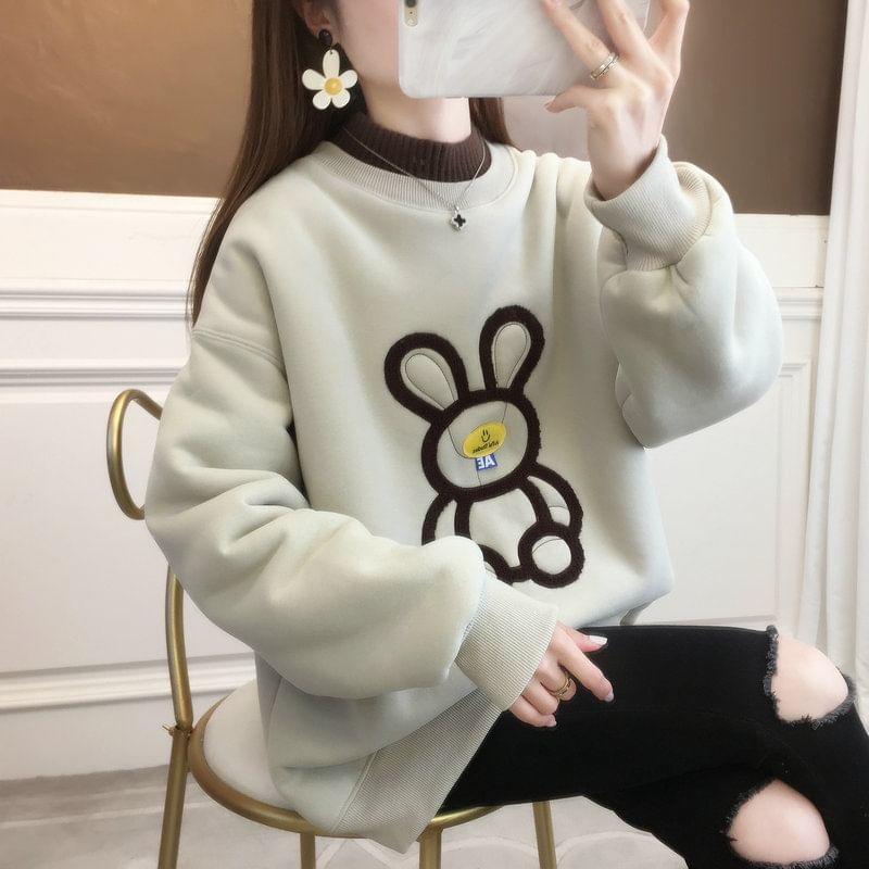 Mock Neck Bear Rabbit Patterned Fleece Pullover Product Image