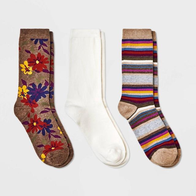 Womens Floral 3pk Crew Socks - A New Day Brown Heather/Ivory 4-10 Product Image