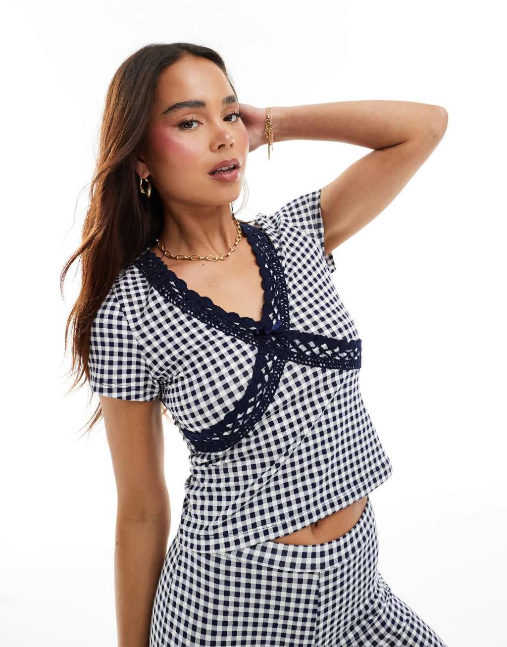 ASOS DESIGN v neck cap sleeve top with lace trim in gingham - part of a set product image