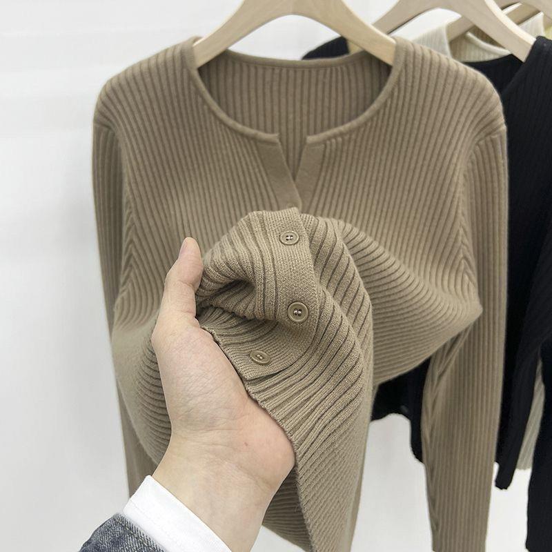 Notch Neck Plain Ribbed Cardigan Product Image