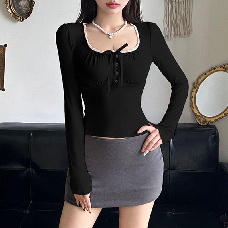 Puff Sleeve / Long Sleeve Square-Neck Ruffled-Trim Bow Accent Slim-Fit Crop Top Product Image