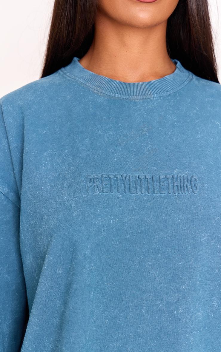 PRETTYLITTLETHING Midnight Blue Embossed Logo Washed Long Sleeve T-shirt Product Image