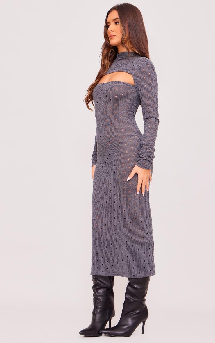 Charcoal Grey Ribbed Long Sleeve Cut Out Midi Dress Product Image