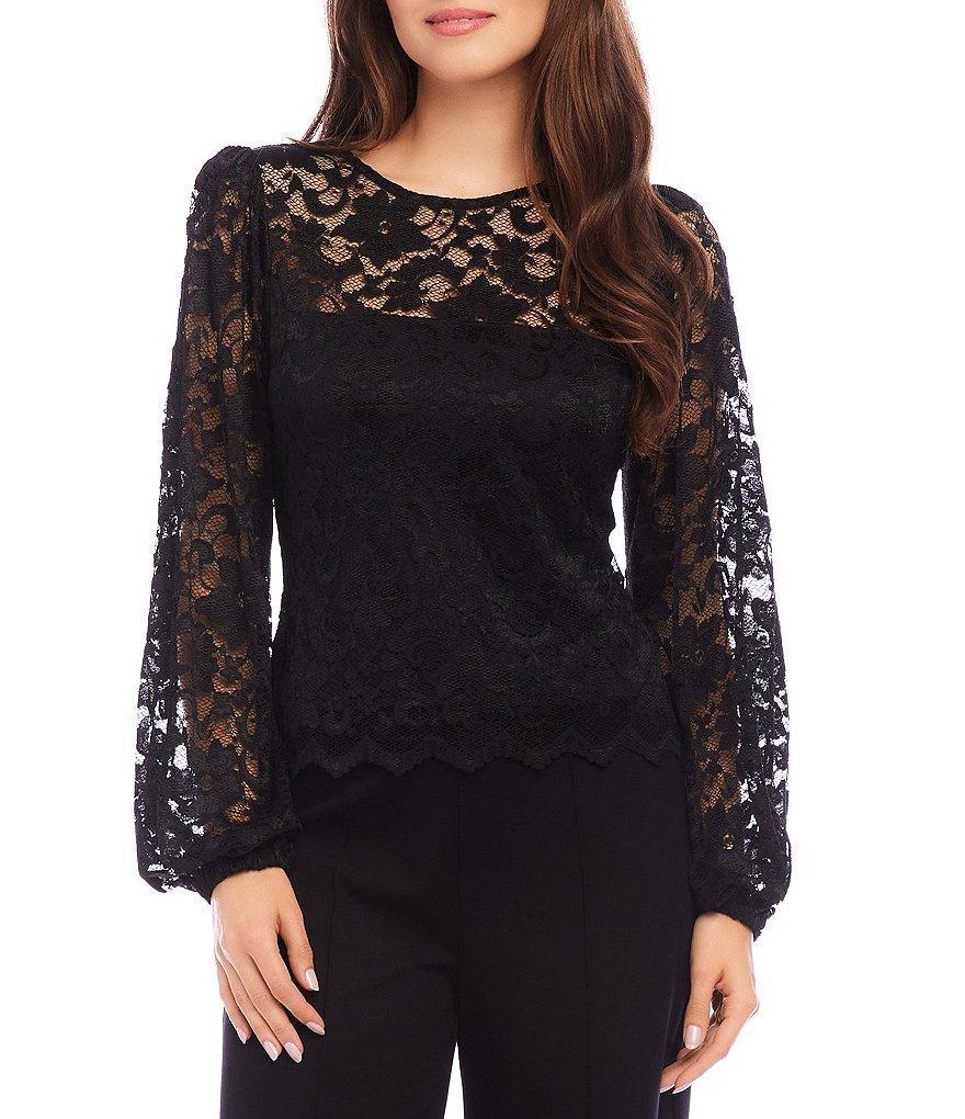 Karen Kane Petite Size Crew Neck Blouson Sleeve Scallop Hem Lace Top product image