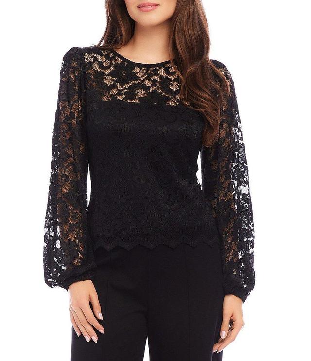 Karen Kane Petite Size Crew Neck Blouson Sleeve Scallop Hem Lace Top Product Image