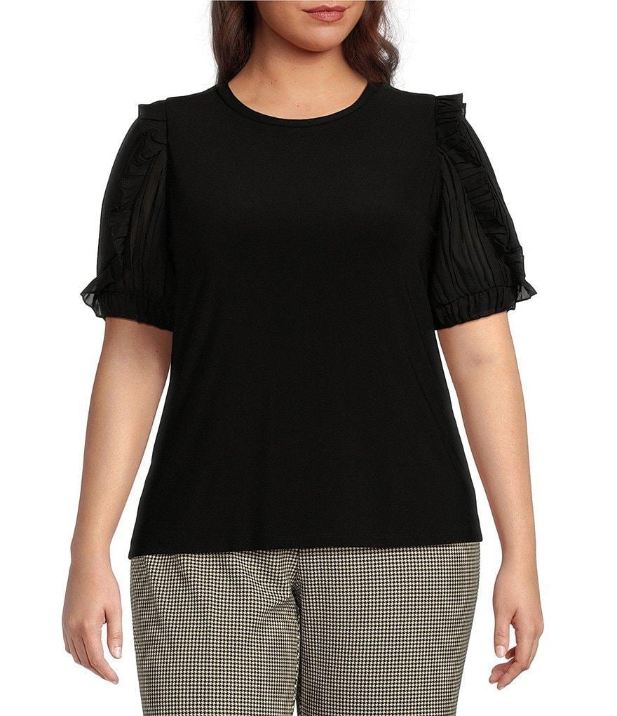 Anne Klein Plus Size Ruffle Combo Short Sleeve Round Neck Knit Top Product Image