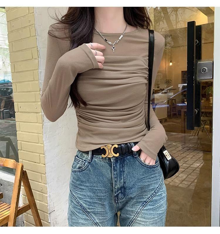 Long-Sleeve Round Neck Plain Sheer Panel Ruched Slim Fit Crop T-Shirt Product Image