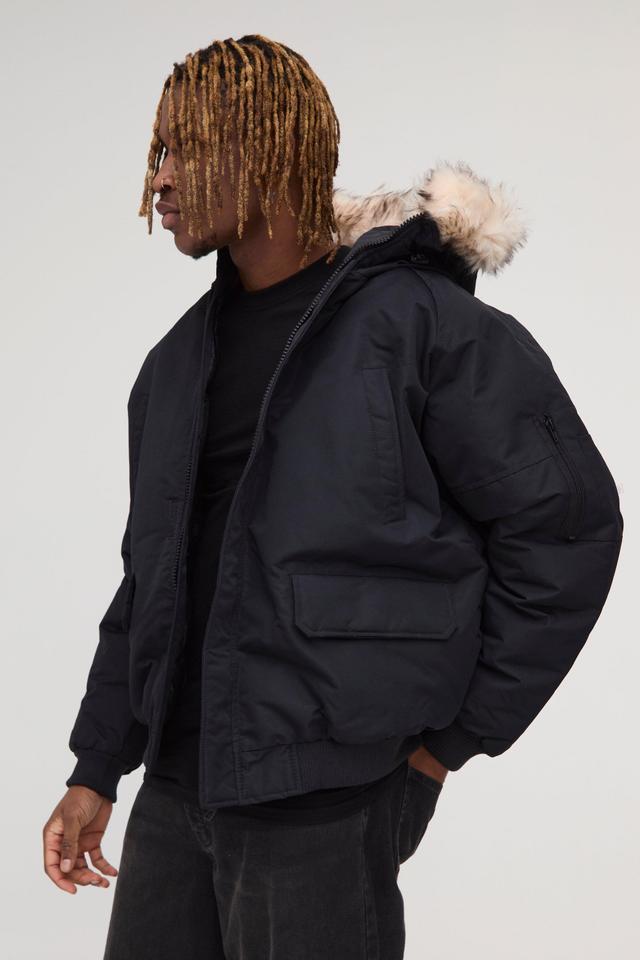 Tall Hooded Parka With Removeable Faux Fur Trim In Black | boohooMAN USA Product Image