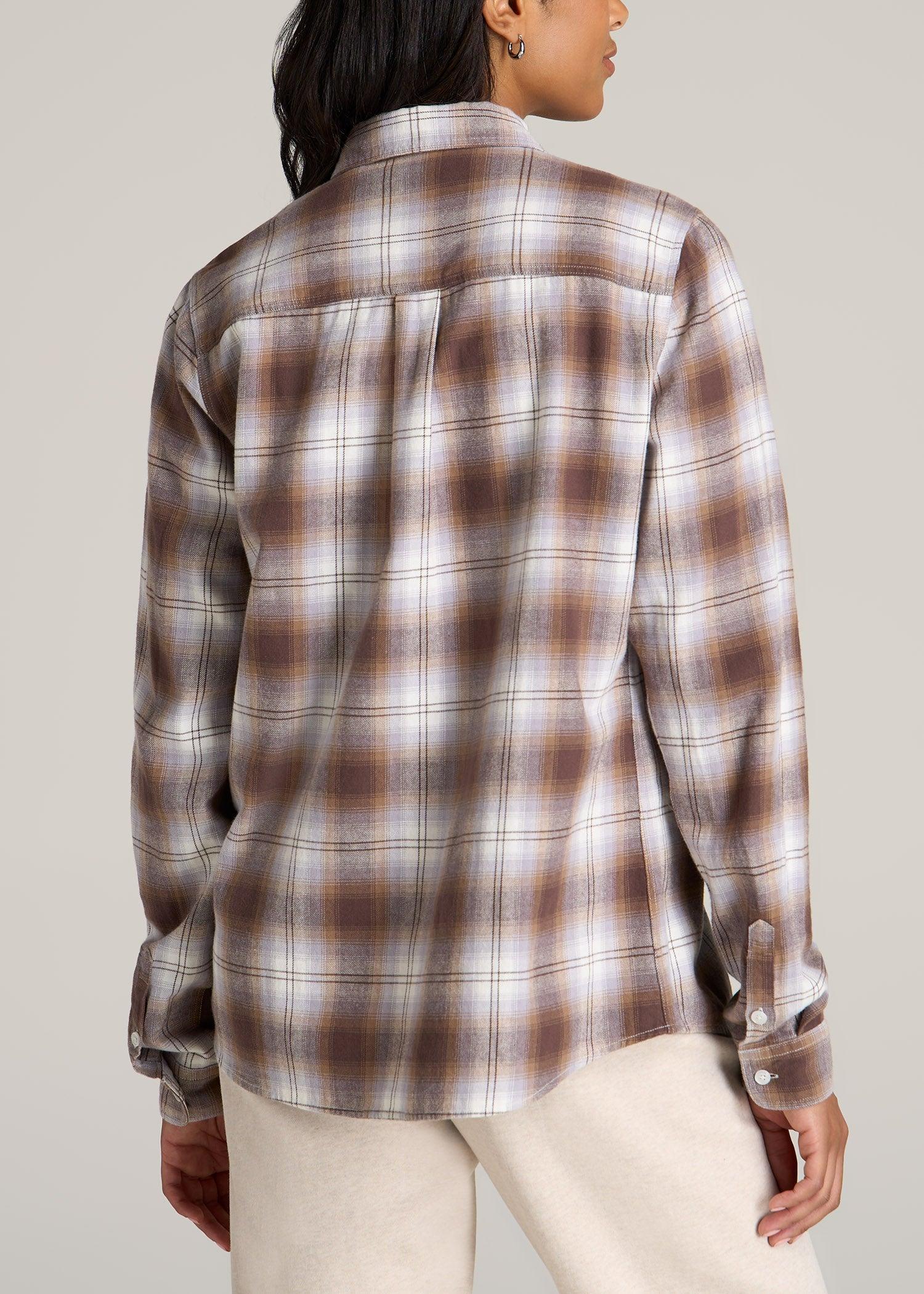 Flannel Button-Up Shirt for Tall Women in Taupe and Grey Female Product Image