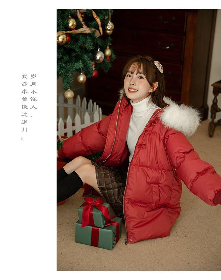 Fluffy Trim Hooded Frog Buttoned Zip-Up Puffer Coat Product Image