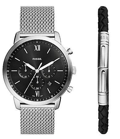 Fossil Mens Neutra Chronograph Silver-Tone Stainless Steel Mesh Watch 44mm and Bracelet Box Gift Set Product Image