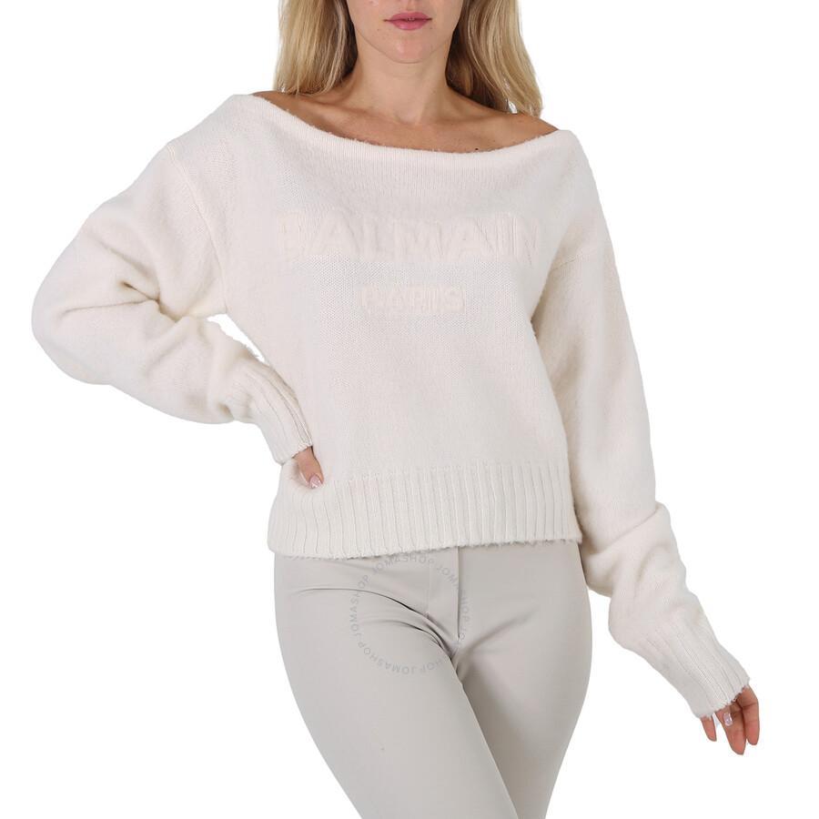 Ladies Off-shoulder Wool-cashmere Sweater In White Product Image