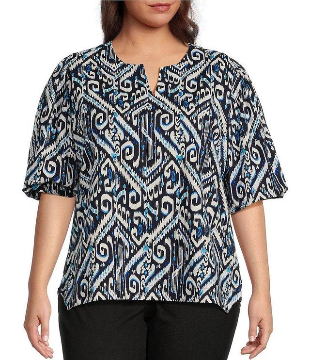 Calessa Plus Size Abstract Print Split V-Neck Elbow Balloon Sleeve Blouse Product Image