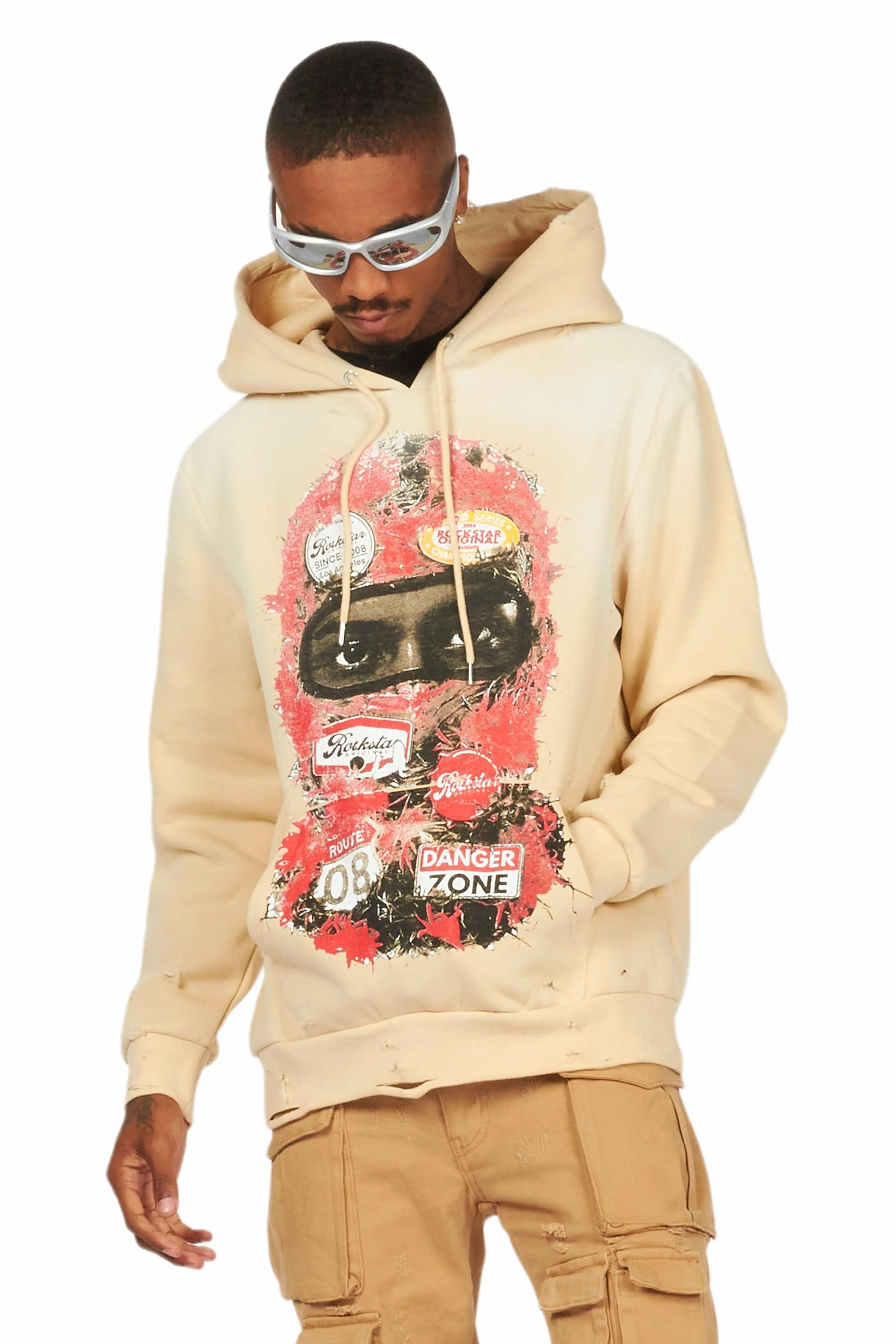 Lemar Beige Distressed Graphic Hoodie Male Product Image