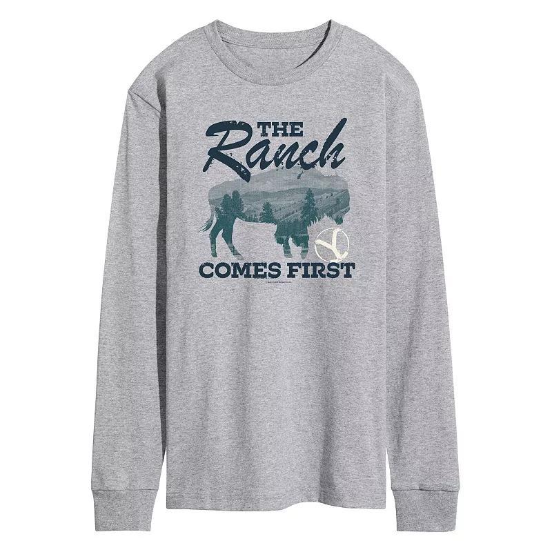 Mens Yellowstone The Ranch Comes First Long Sleeve Graphic Tee Grey Gray Product Image