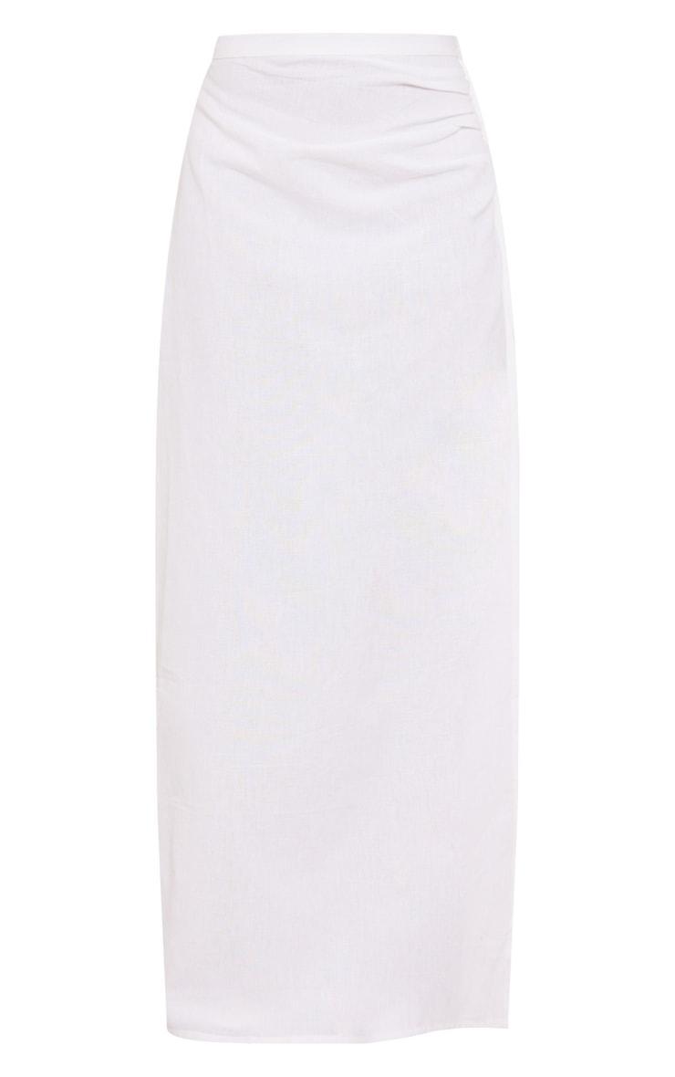 White Linen Look Hook And Eye Ruched Waistband Maxi Skirt Product Image