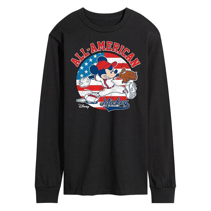 Disneys Mickey Mouse Mens Americana Baseball Long Sleeve Graphic Tee Med Grey Product Image