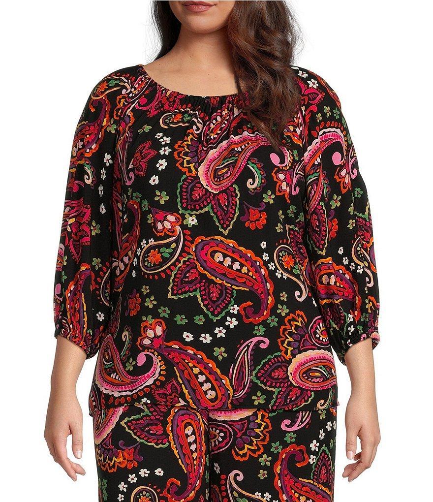 Slim Factor by Investments Plus Size Watercolor Paisley Print Coordinating 3/4 Sleeve Top Product Image