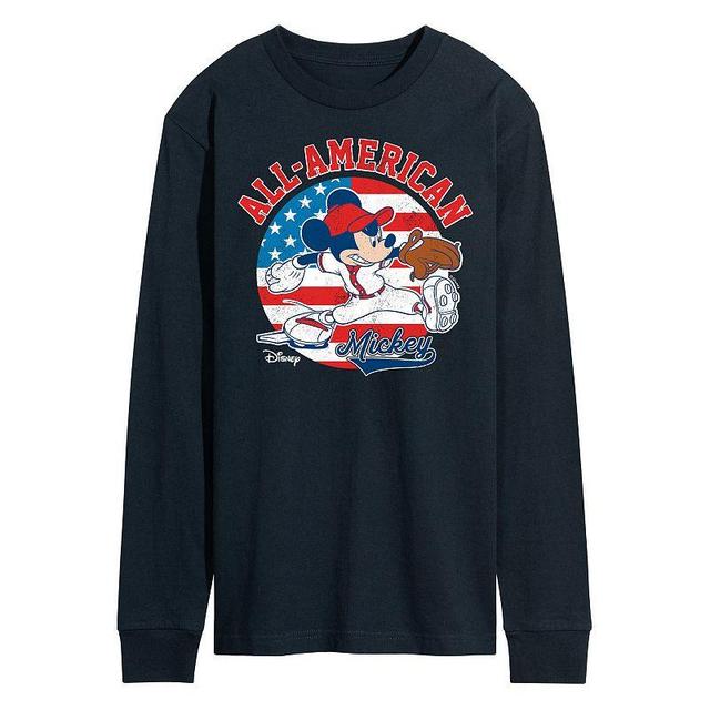 Disneys Mickey Mouse Mens Americana Baseball Long Sleeve Graphic Tee Blue Product Image