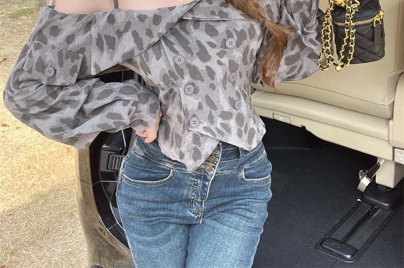 Long-Sleeve Cold Shoulder Double Breasted Leopard Print Top Product Image