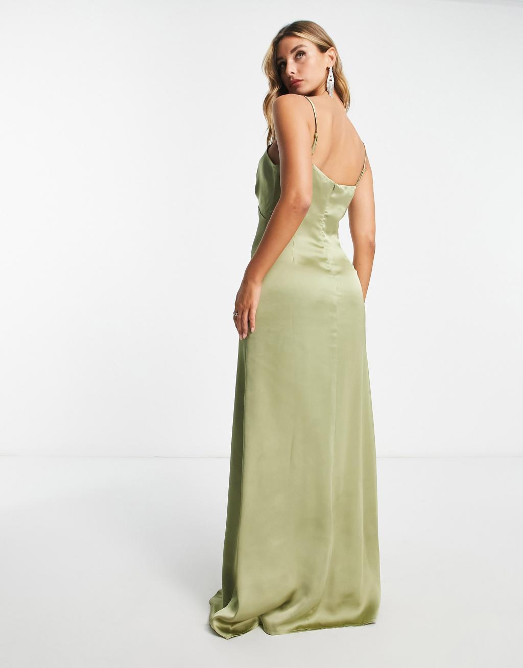 Pretty Lavish Bridesmaid Ines empire satin maxi dress in soft olive Product Image