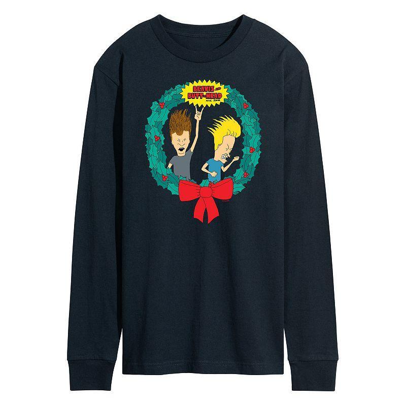 Mens Beavis And Butthead Rockin Wreath Long Sleeve Tee Blue Product Image