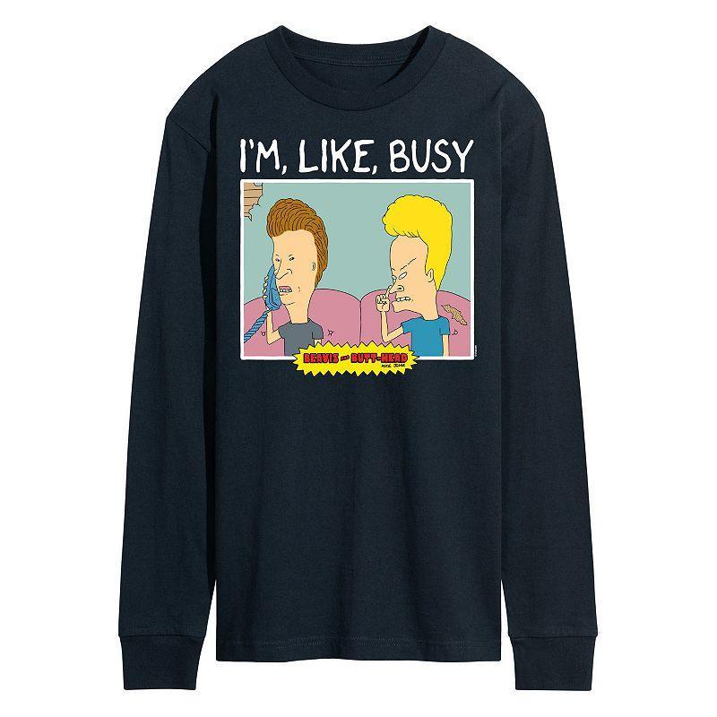 Mens Beavis And Butthead Im Like Busy Long Sleeve Tee Blue Product Image