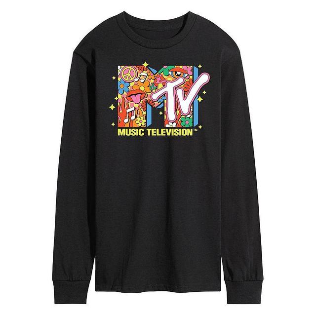 Mens MTV Retro Collage Logo Long Sleeve Graphic Tee Black Product Image