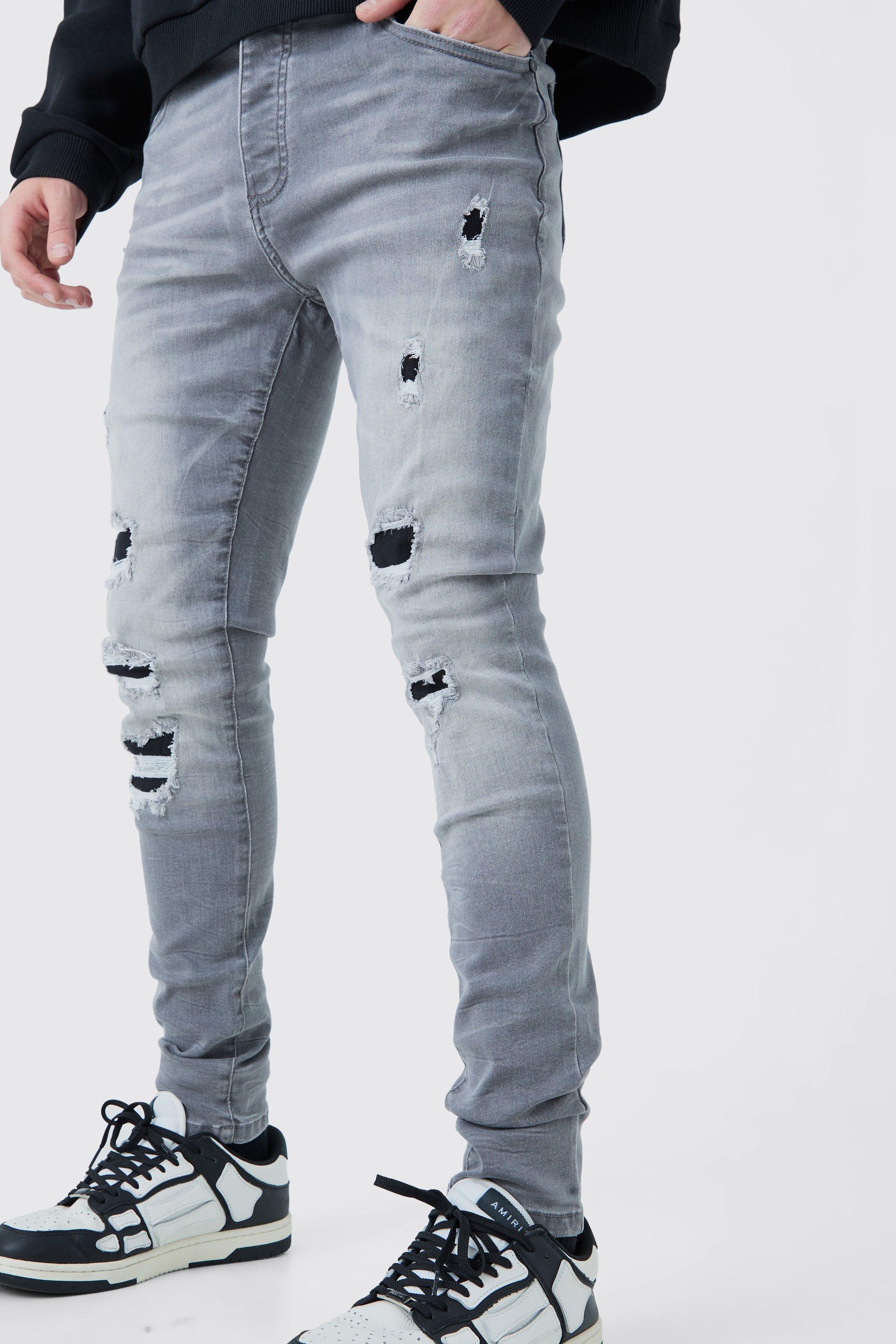 Skinny Stretch Ripped Jeans In Ice Grey | boohooMAN USA Product Image