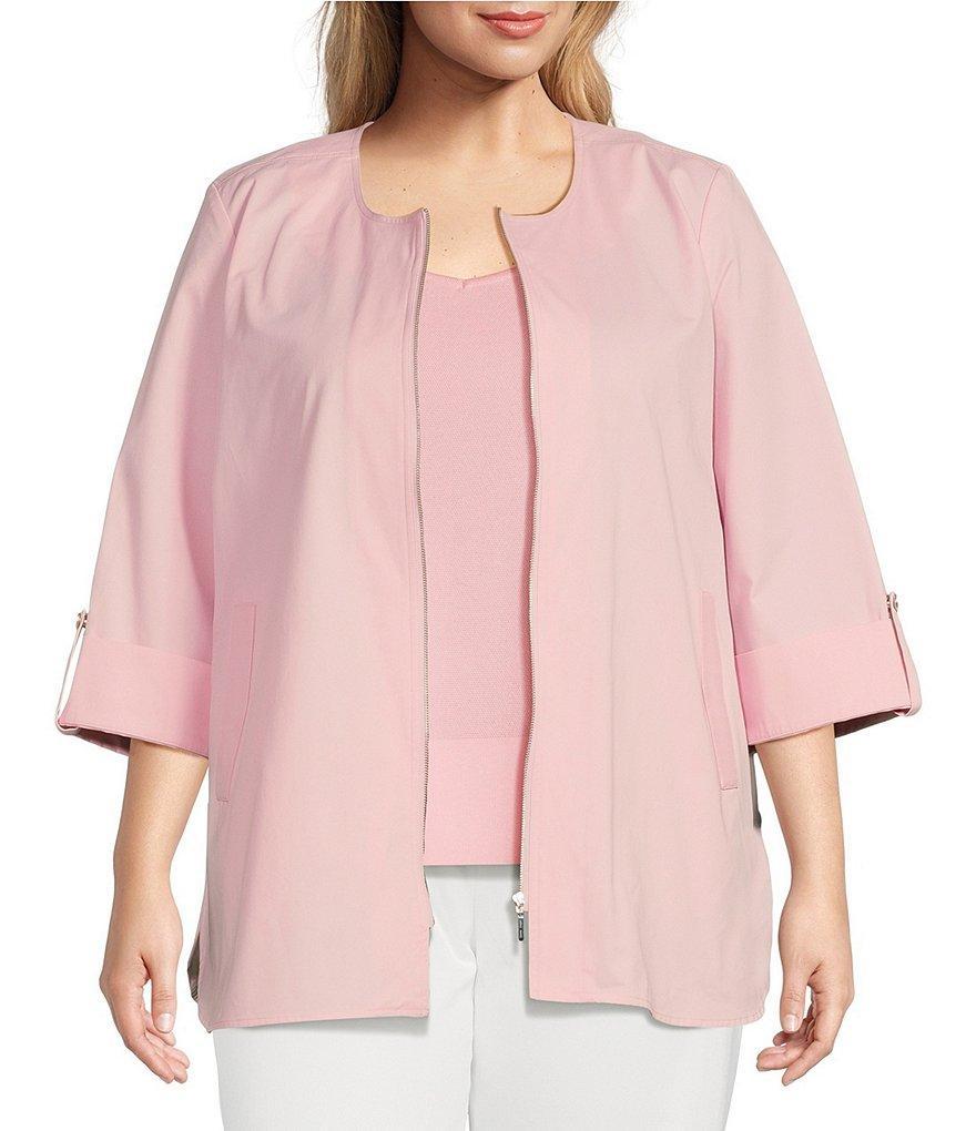 Ming Wang Plus Size Cotton Round Neck 3/4 Roll Tab Sleeve Zip-Front Jacket Product Image