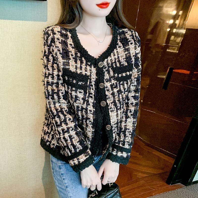 V-Neck Houndstooth Tweed Button Jacket Product Image