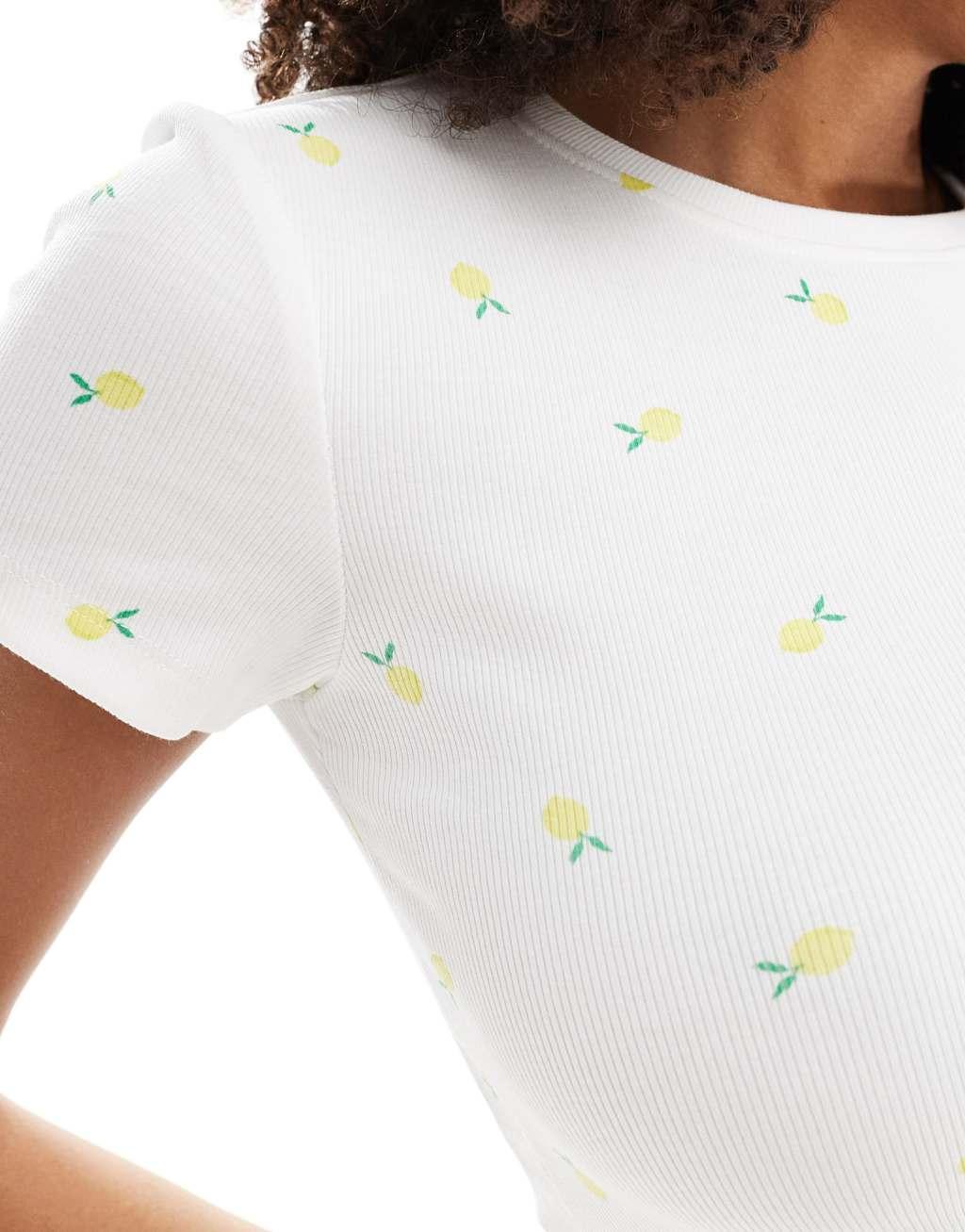 ONLY ribbed top with lemon print in white  Product Image