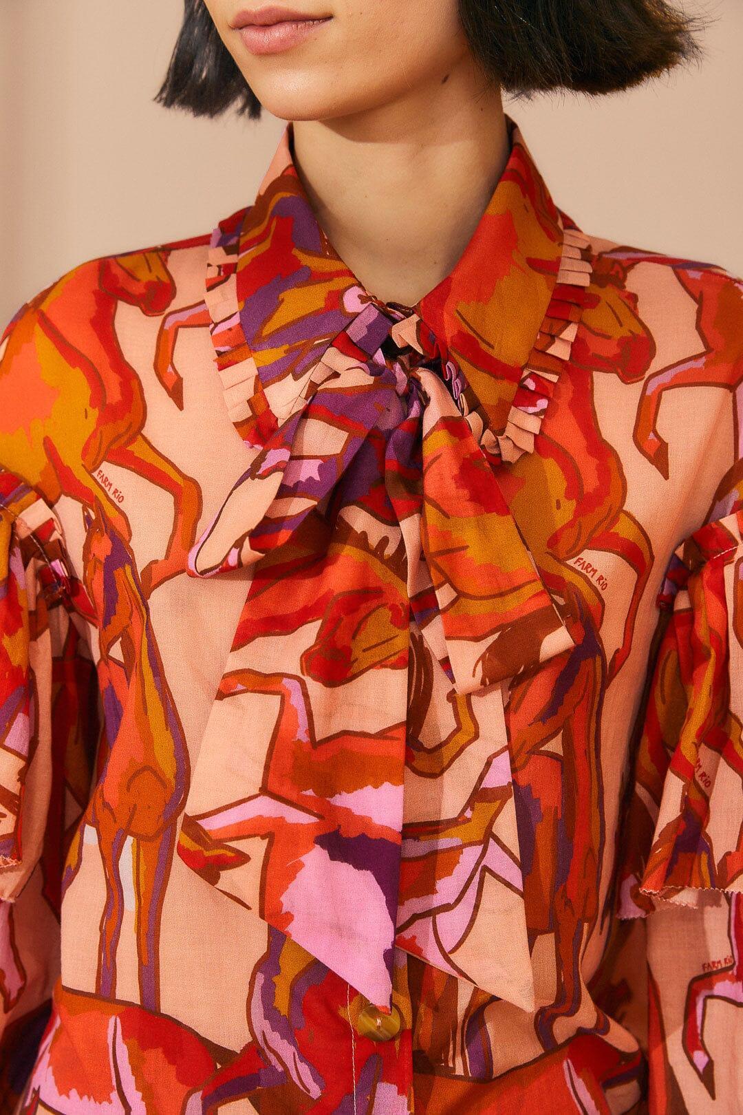 Rose Wild Horses Bow Neck Tie Blouse Product Image