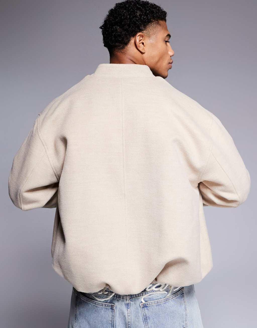 ASOS DESIGN wool look oversized bomber jacket in mushroom Product Image