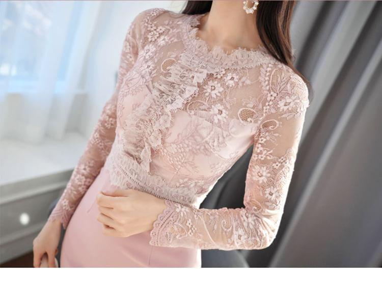 Long Sleeve Round Neck Lace Floral Bodycon Midi Dress Product Image