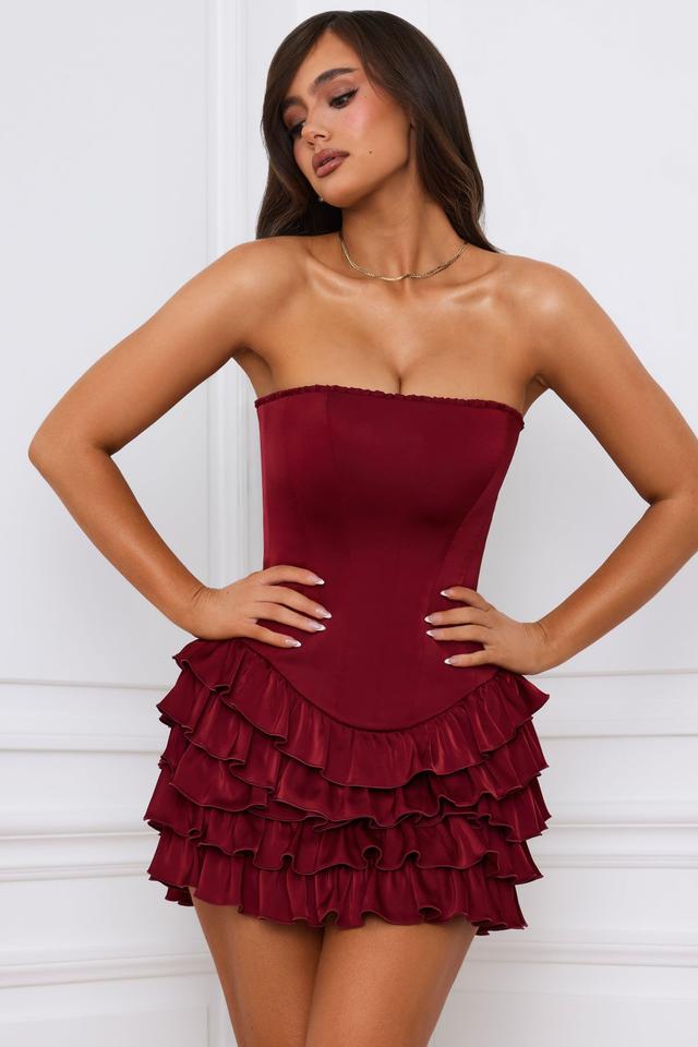 Bandeau Ruffled Tiered Corset Mini Dress in Berry Red Product Image