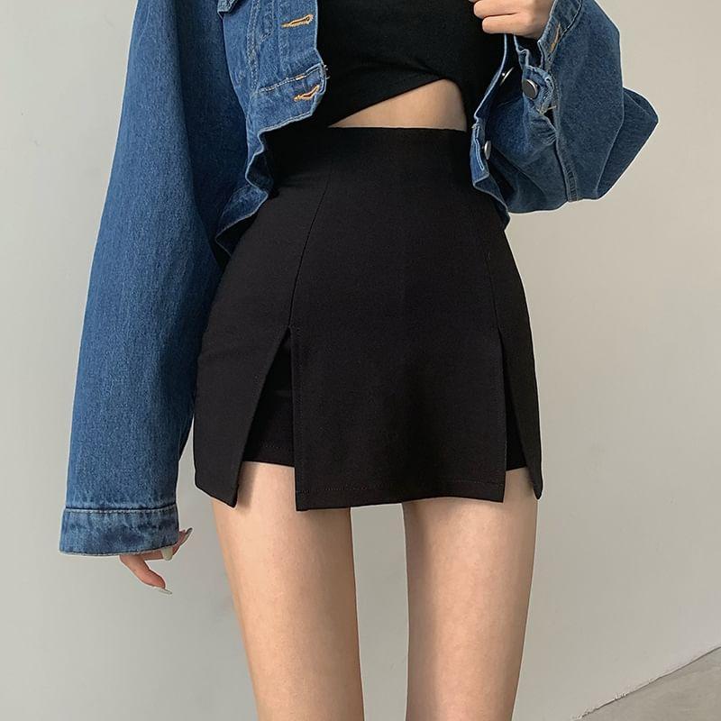 High Waist Plain Side-Slit Skort product image