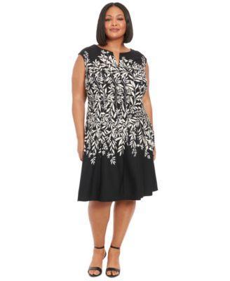 Plus Size Printed Split-Neck Fit & Flare Dress Product Image