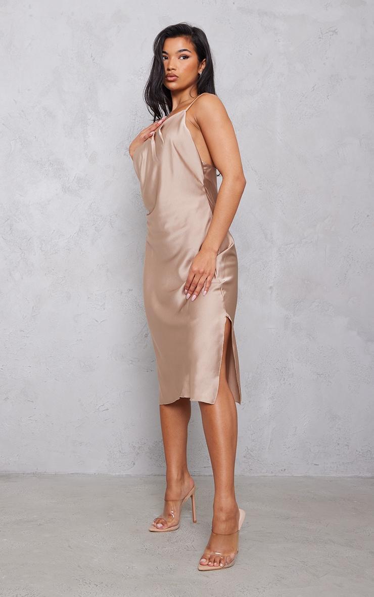 Taupe Satin Ruched Bust Backless Midi Dress Product Image