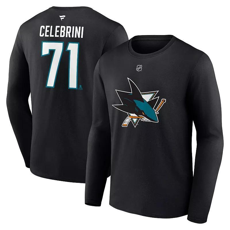 Mens Fanatics Macklin Celebrini Black San Jose Sharks Authentic Stack Name & Number Long Sleeve T-Shirt Product Image