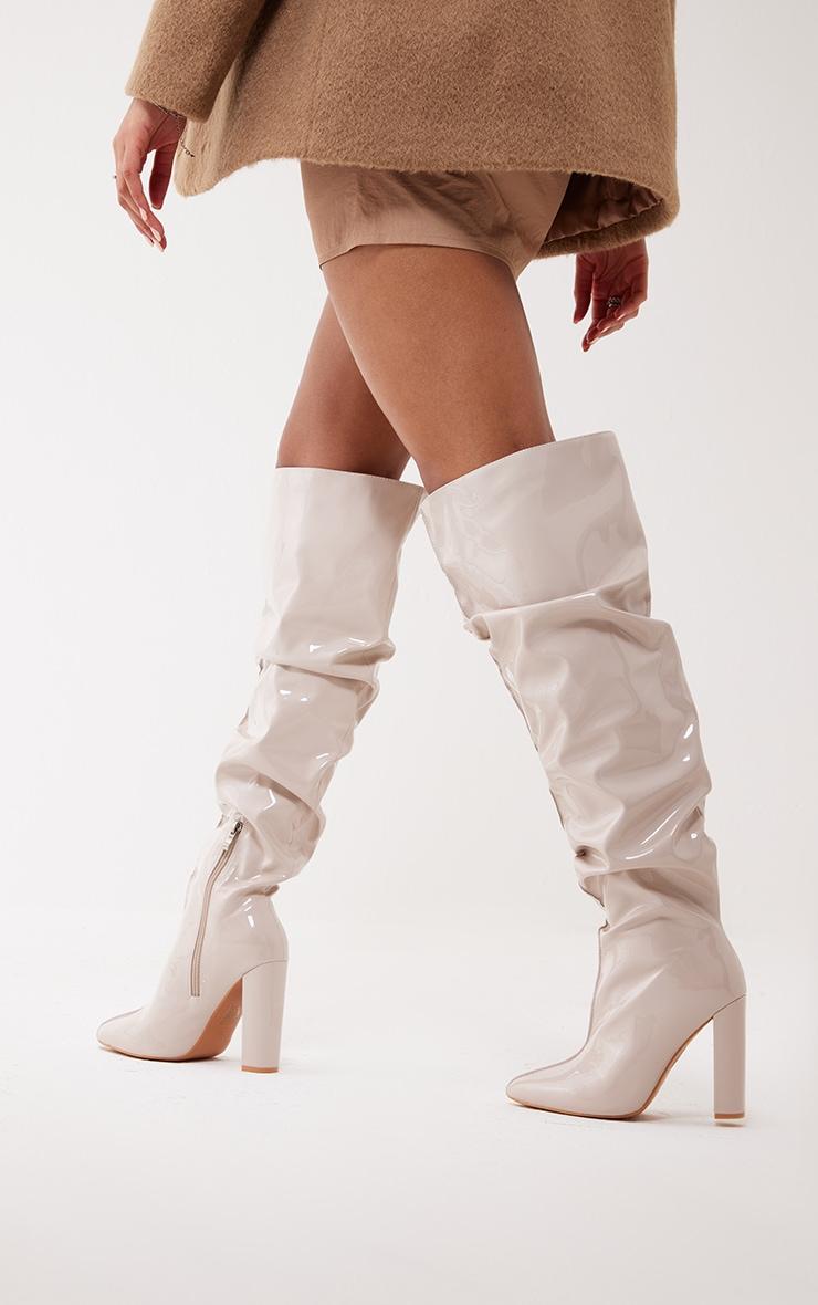 Cream Vinyl Point Toe Seam Detail Over The Knee High Block Heeled Boots Product Image