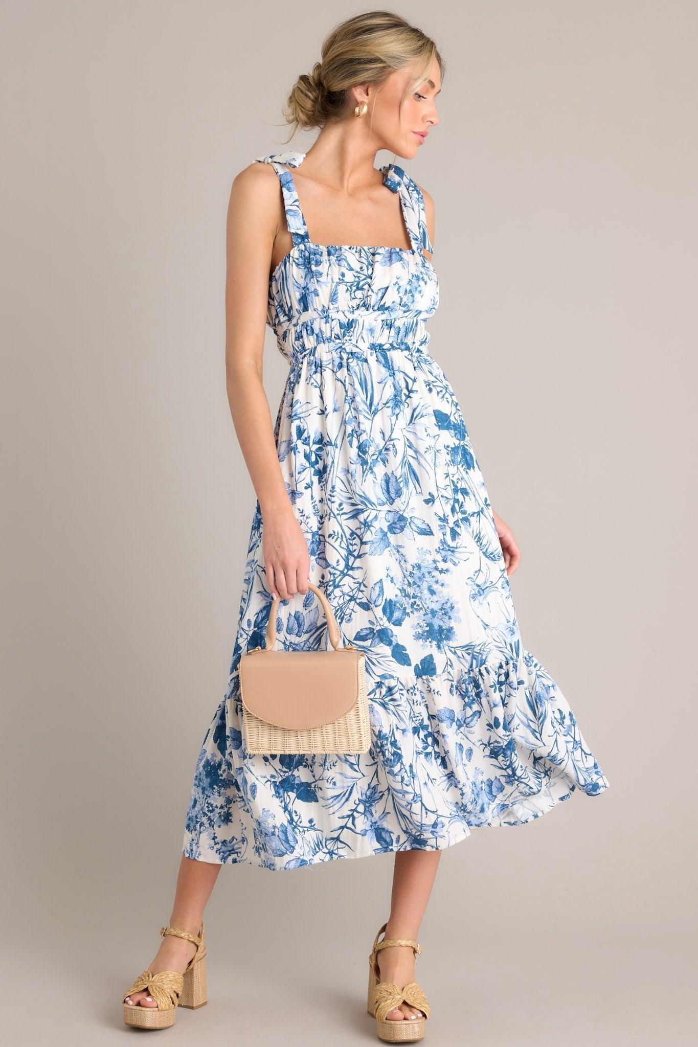 Meadow Muse White & Blue Floral Midi Dress Product Image