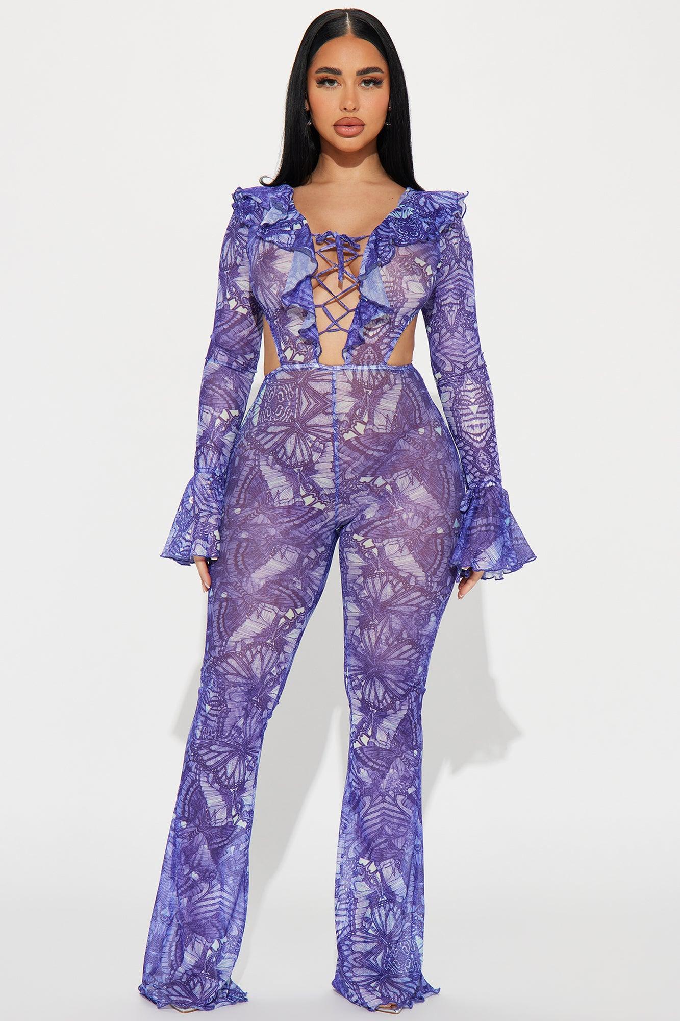 One Of A Kind Mesh Jumpsuit  - Purple Product Image