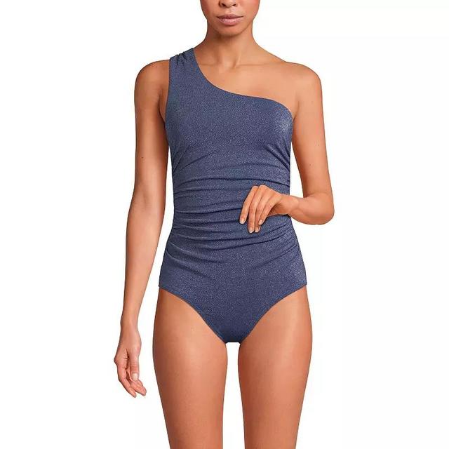 Womens Lands End Shimmery One-Shoulder Shirred High Leg One-Piece Swimsuit Product Image