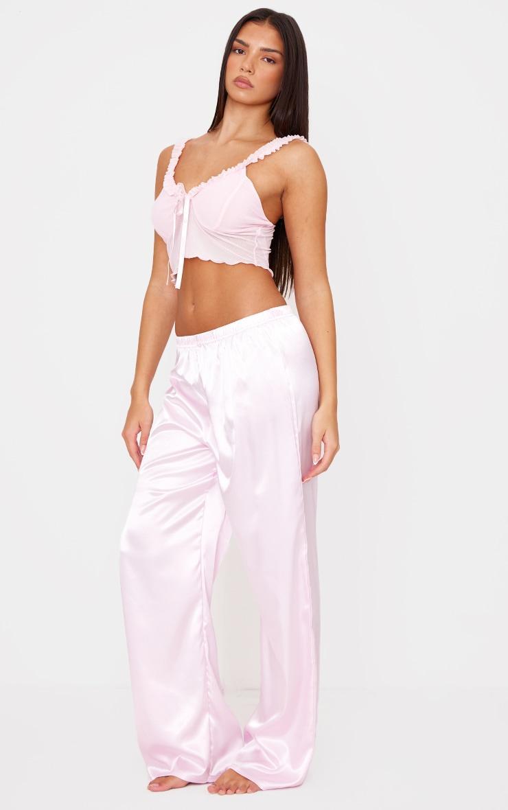 Pink Mesh Tie Front Cami Long Satin PJ Set Product Image